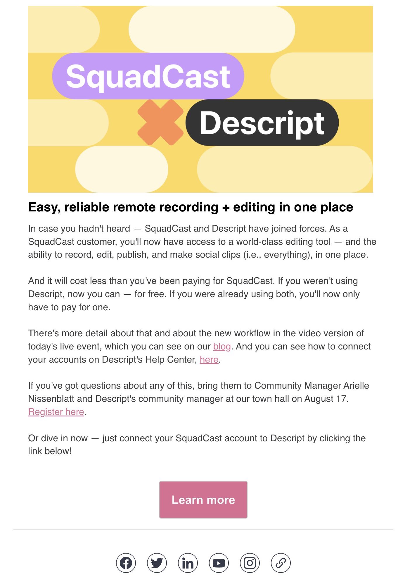 SaaS Company Acquisition Announcement Emails: Screenshot of SquadCast's announcement email when they got acquired by Descript