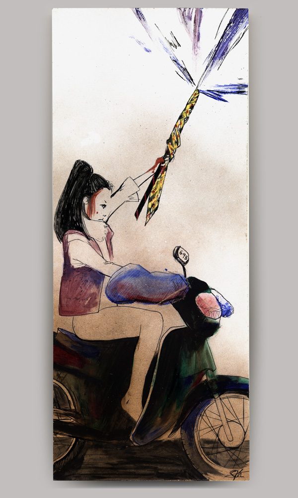 An acrylic painting on wood panel, titled 'A Touch of Sin', showing a young woman from the side as she rides a moped equipped with winter hand warmers. Blood runs down her face as she firmly raises a roman candle that is firing off.