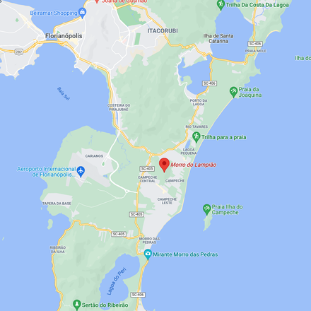 Mapa com marcador na localização da trilha do Morro do Lampião