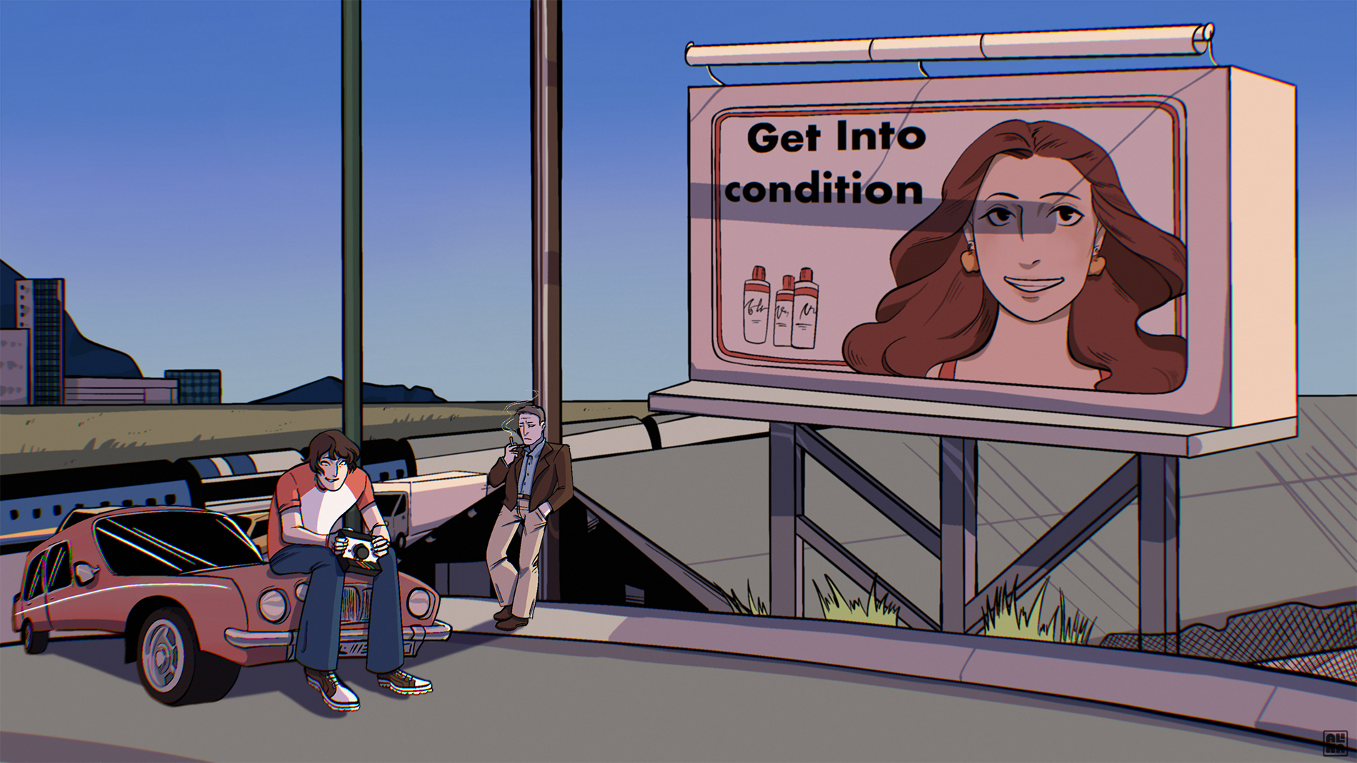 Main characters Ivan and Pat relaxing on a road a little away from the highway, Digital illustation of the Firebird, Alina Sandu, Richmond, British Columbia, Canada