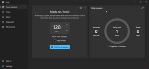Screenshot of Windows 11 Clock App which now includes a focus timer. The interface has a field to enter the period you want to work for, and a start button