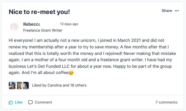 Screenshot of a win from a grant-writing unicorn