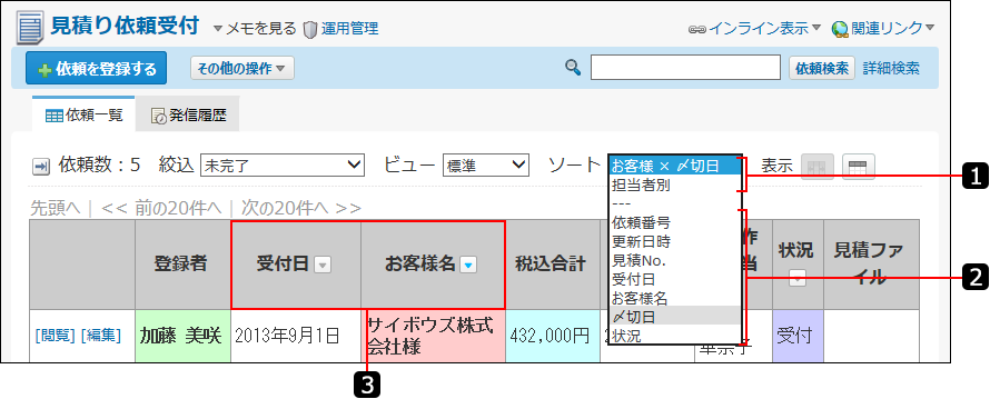 ソートを説明する番号付きの画像