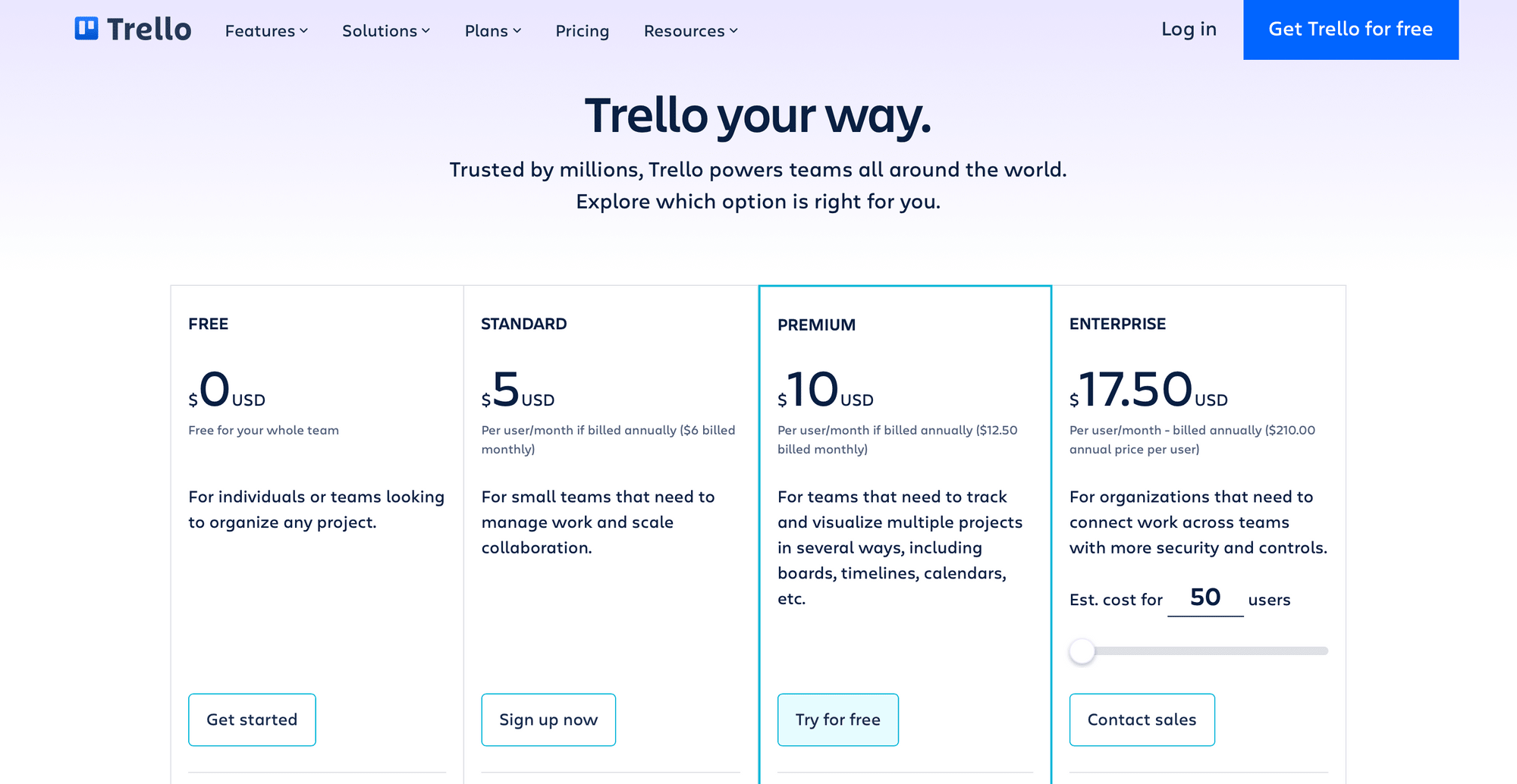 Screenshot of Trello pricing page