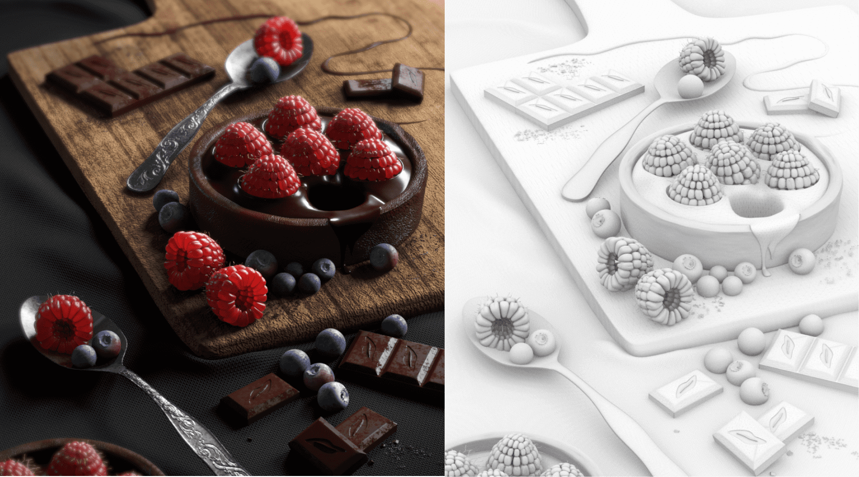  3d scene of raspberries and chocolates