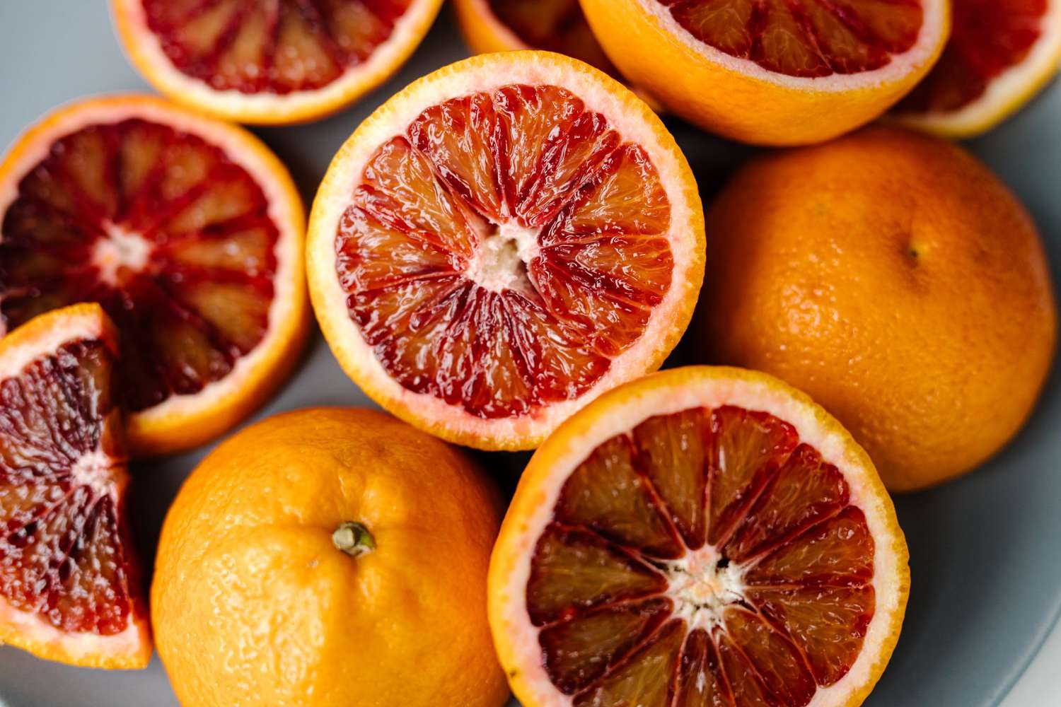 Blood oranges cut into halves
