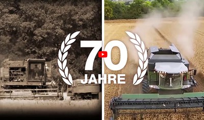 Two-part image - the left half shows an old image of a combine while the right half shows a modern model; above is a laurel wreath with the content 70 years