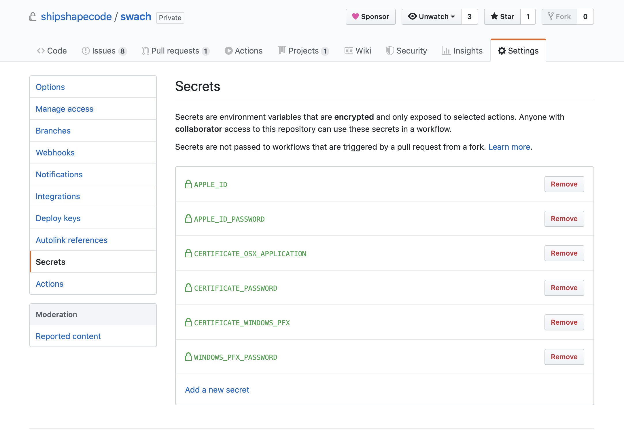 The GitHub settings page showing a list of secrets.
