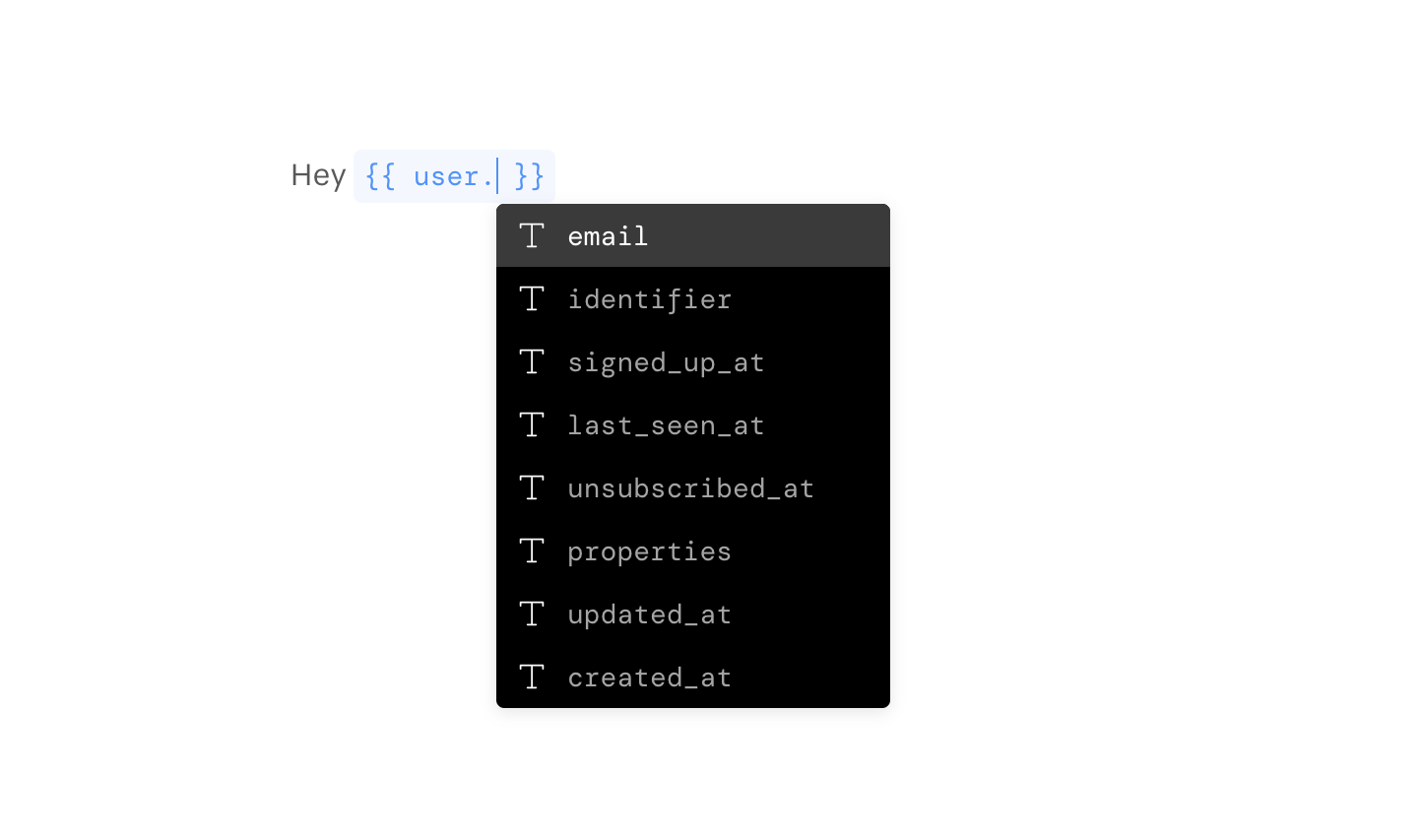 Screenshot of how to add a user property on Userlist's message composer using Liquid tags