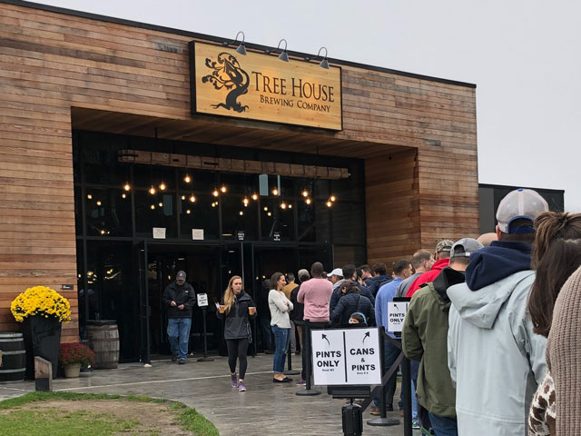 People waiting in line for beer at Tree House Brewing Company, Charlton, MA