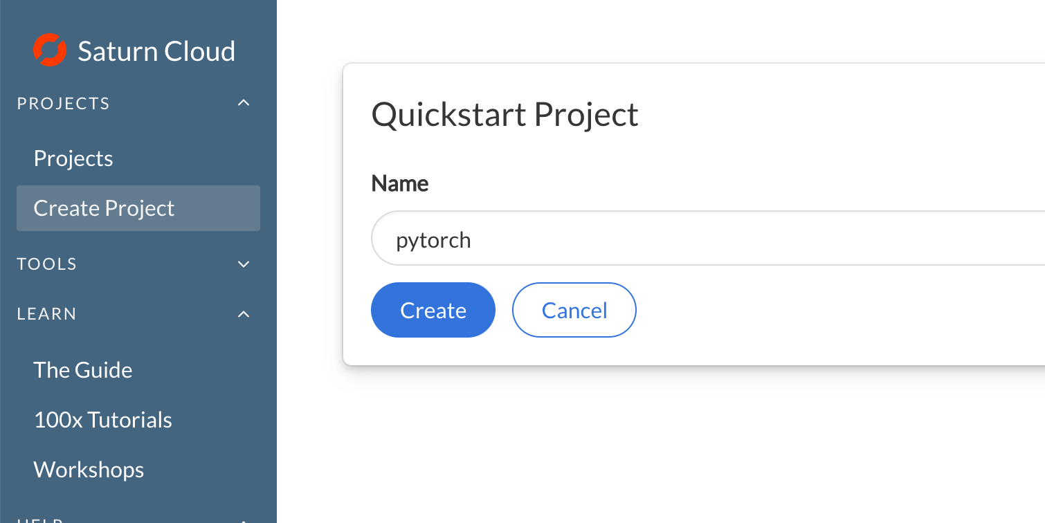 Screenshot of Saturn Cloud page for confirming the creation of a quick-start project