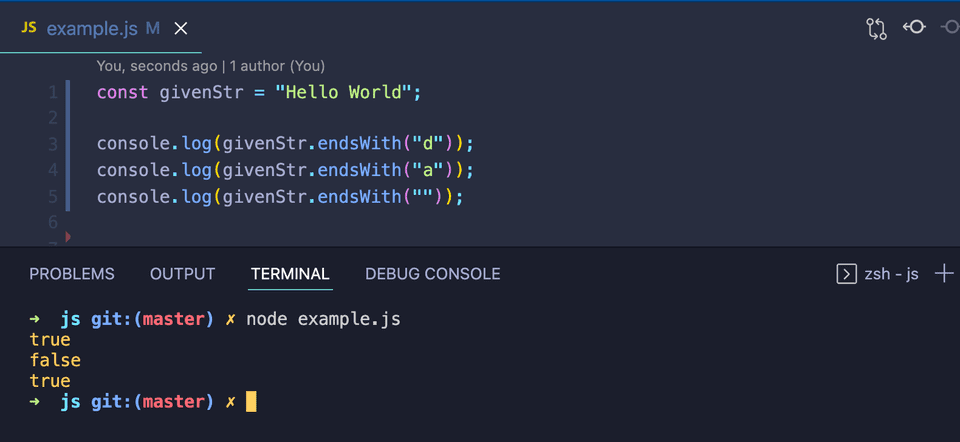 JavaScript endsWith example program