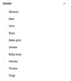 A screenshot of a gender filter with checkboxes for "Women", "Men", "Girls", "Boys", "Baby girls", "Unisex", "Baby boys", "Horses", "Ponies", "Dogs"