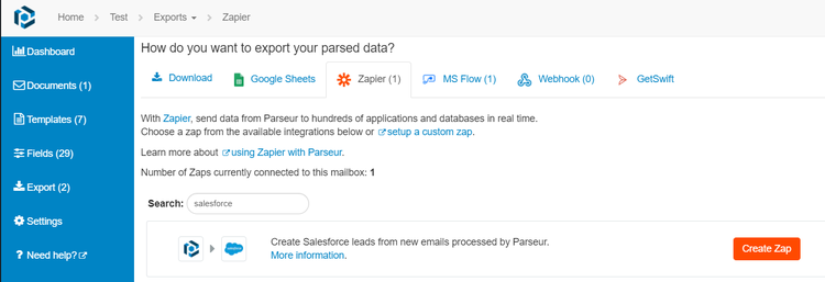 Export parsed data to Salesforce