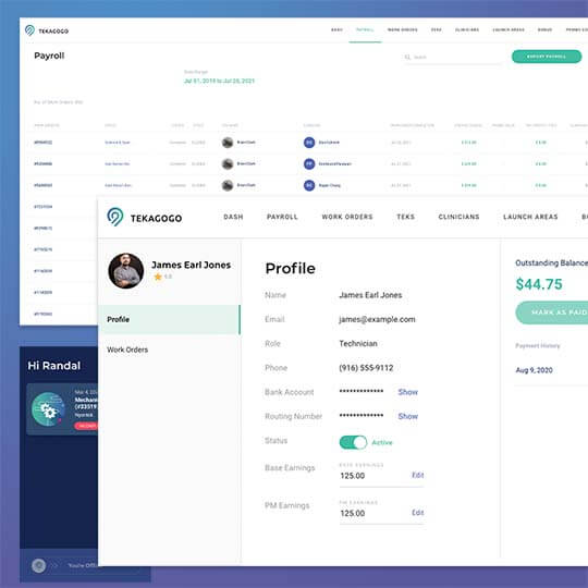 Screenshots of a technician management application