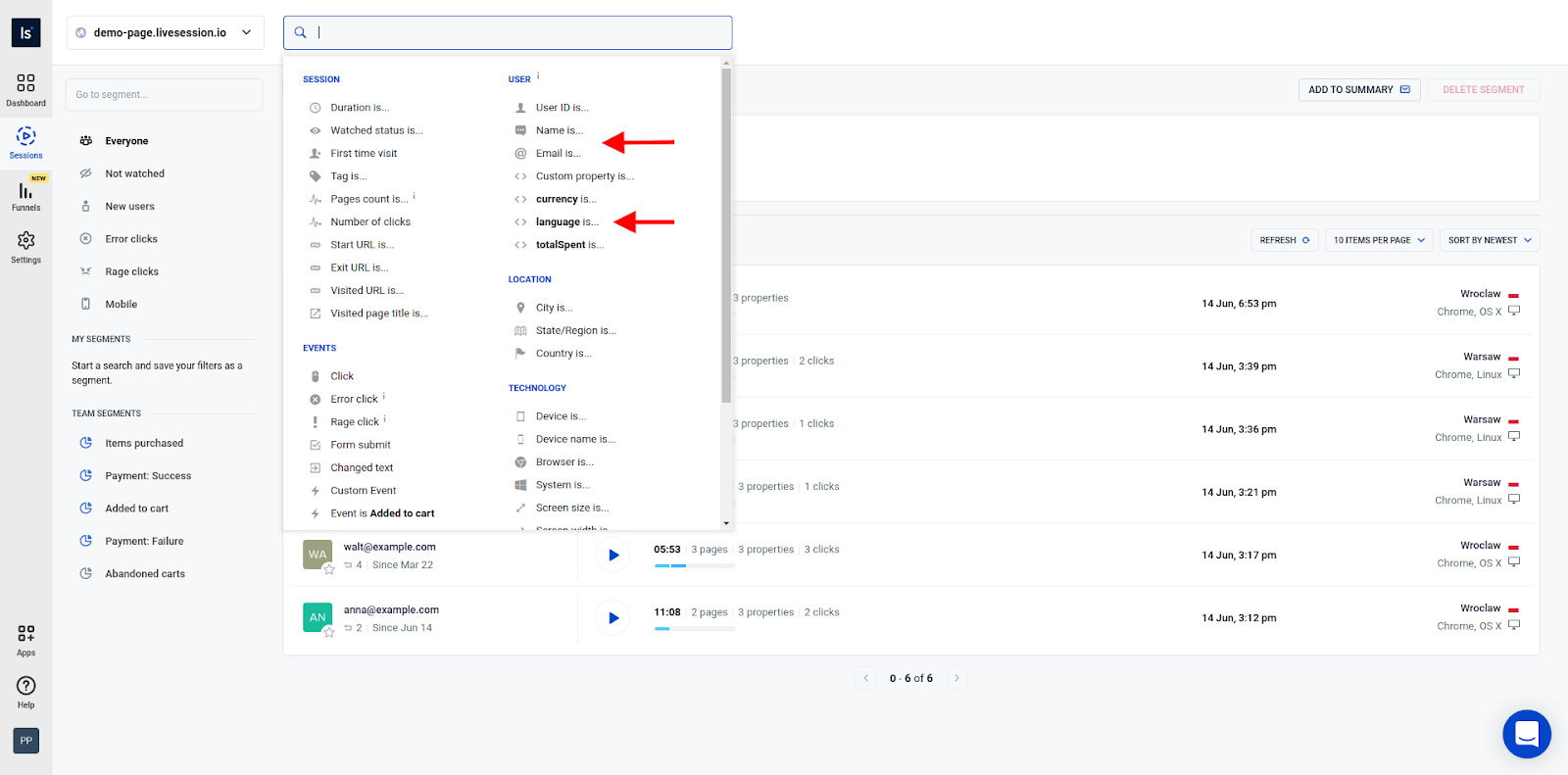 Fliter sessions Adding custom properties and identify users