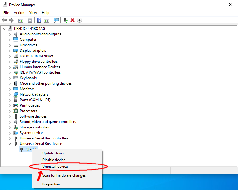 Image of Device Manager, with a right-click menu open and the Uninstall device option circled.