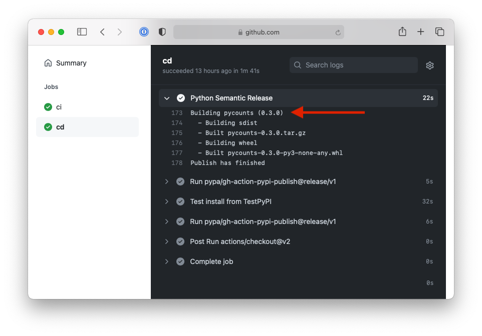 The Python semantic release tool automatically bumped the package version from 0.2.0 to 0.3.0.