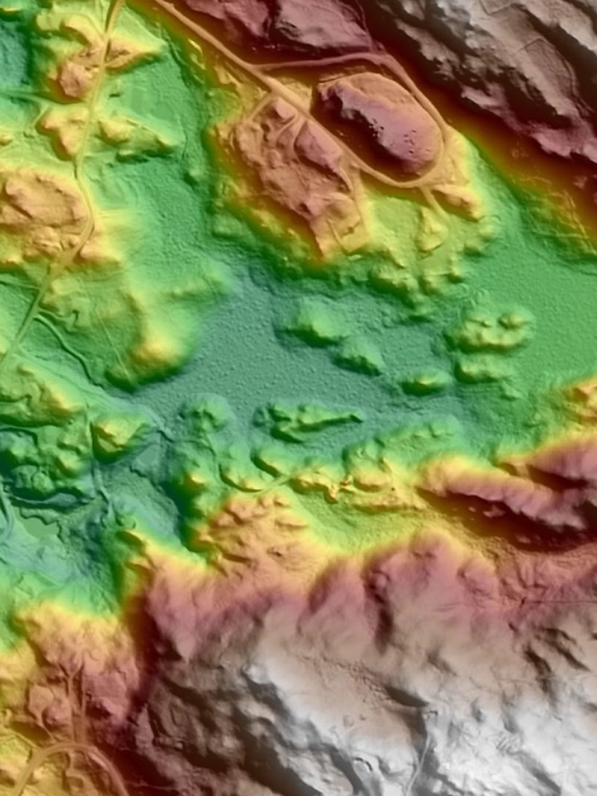 Heat lidar map of mountains going from green to red.