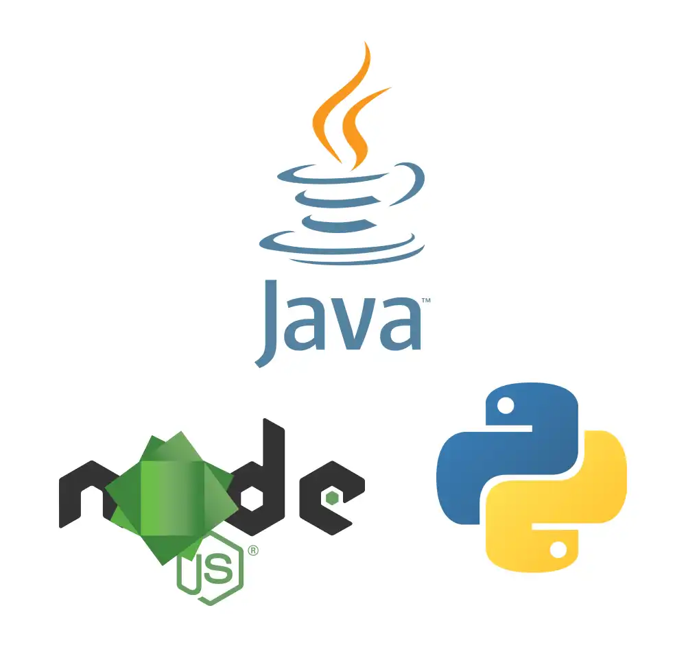 Dekorativt bilde. Logoene til Java, NodeJS og Python på hvit bakgrunn. 