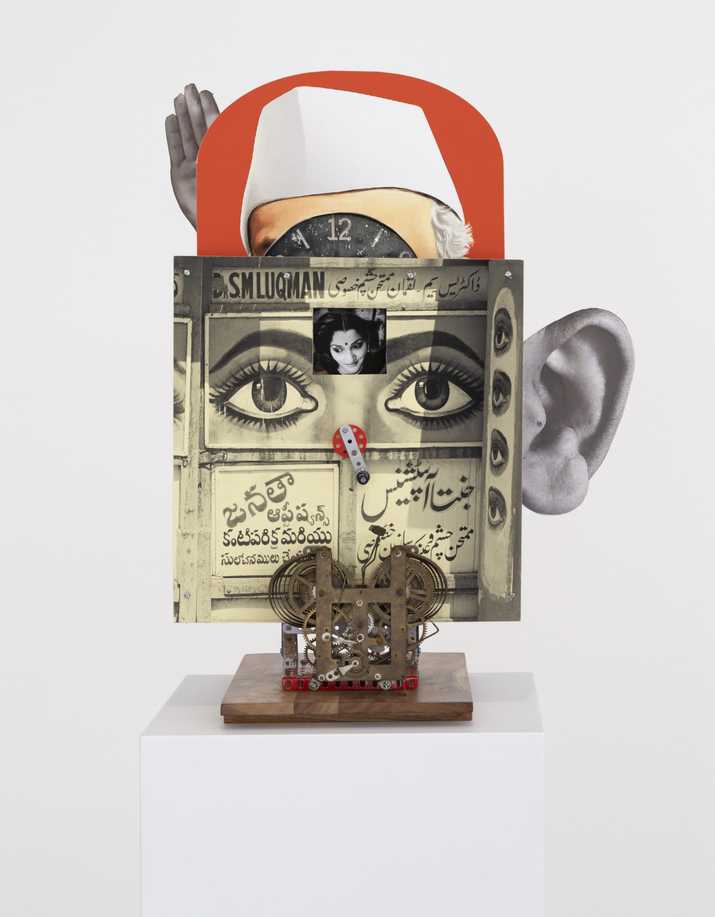 Ram Rahman, Wishmachine, 2019, Digital photo prints mounted on sunboard, Meccano parts construction, found clock parts, rubber band, wood 68.5 × 71 × 35.5 cm, Courtesy of the artist