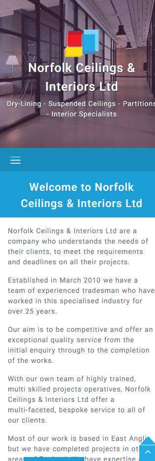 Norfolk Ceilings & Interiors Ltd website frontpage on a mobile