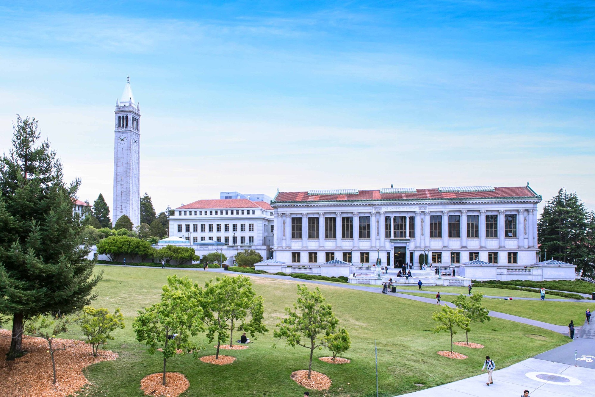 The Sather Clock Tower, or Campanile, rises above Memorial Glade at the UC Berkeley campus