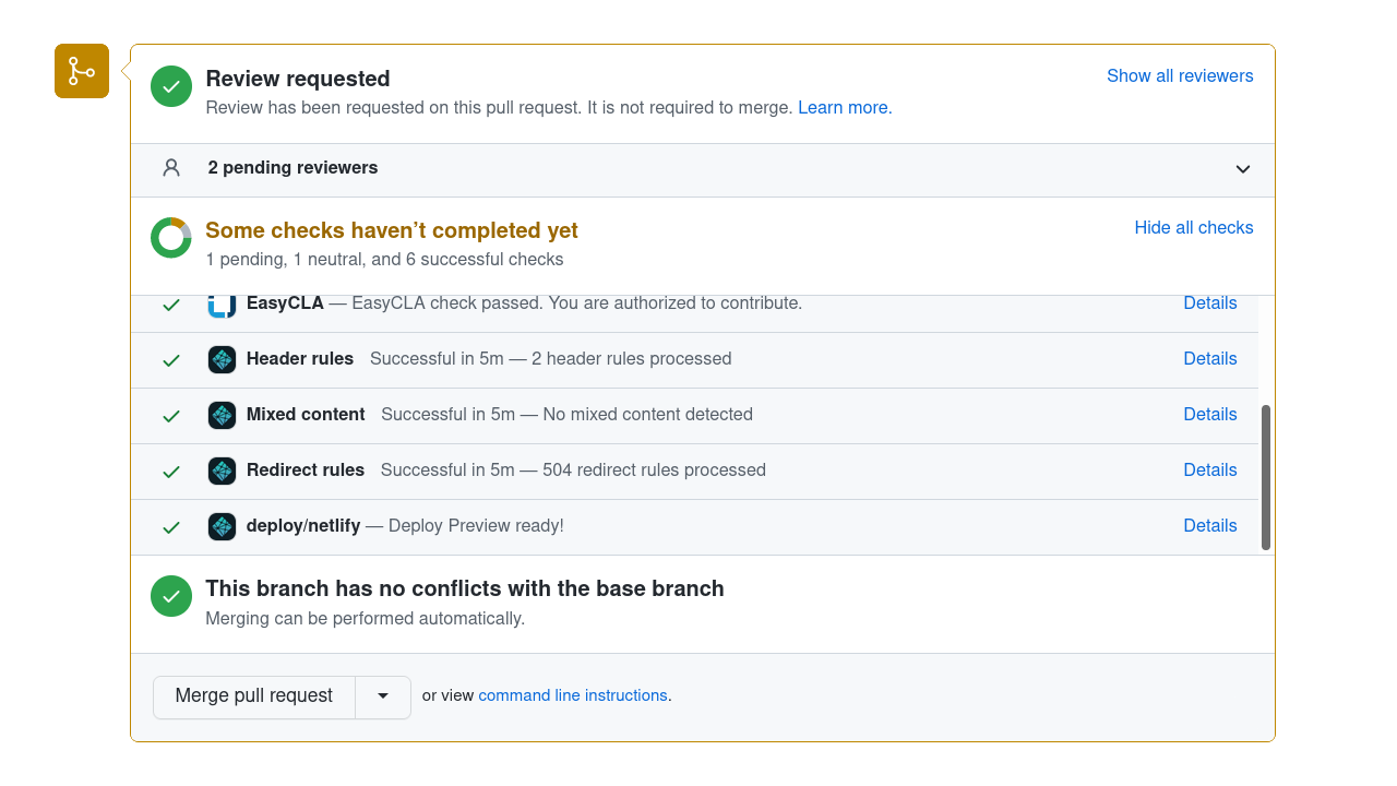 GitHub pull request details including link to Netlify preview