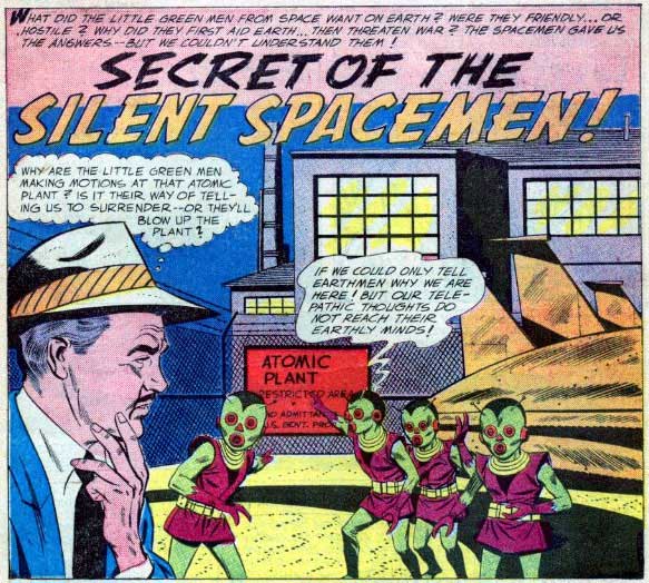 Si les ovnis rodent vraiment autour de sites nucléaires, les hommes se demandent bien pourquoi 4"Secret of the Silence Spacemen", Strange          Adventures (DC Comics) n° 82, 1957-07
