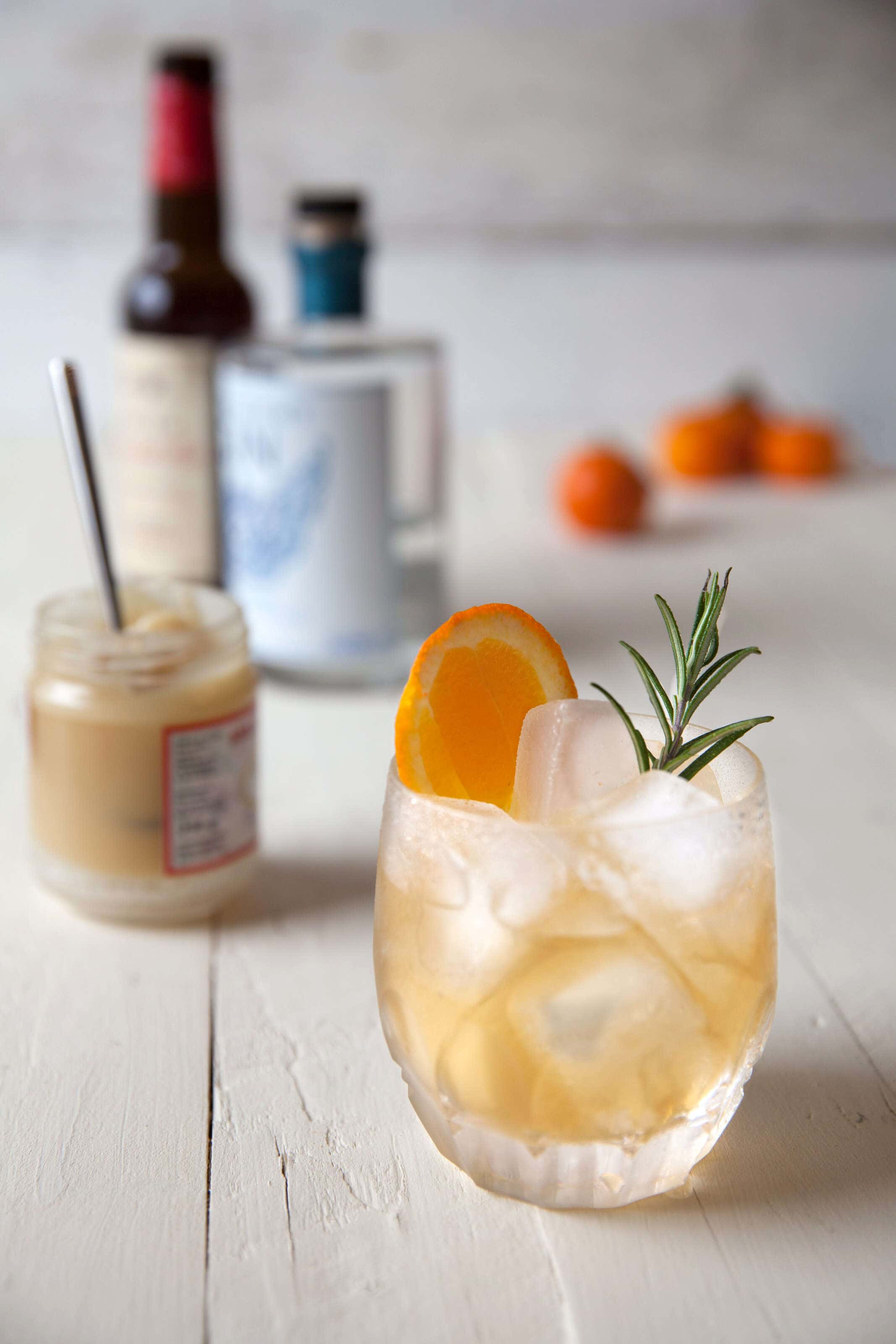 and amoroni cocktail with gin, sherry and honey.