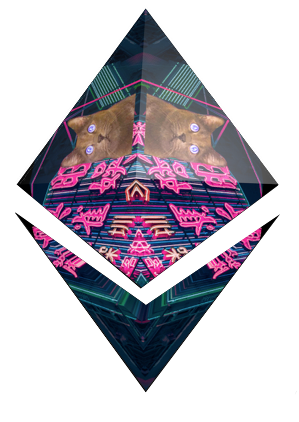 Graphic of ETH glyph with a kaleidoscope of cats