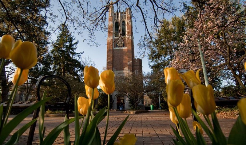 Clock town with tulips on the Michigan State University campus