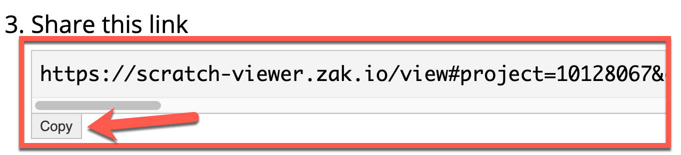 Screenshot of a box labeled "share this link" with a URL inside. Below is a button that says "copy"