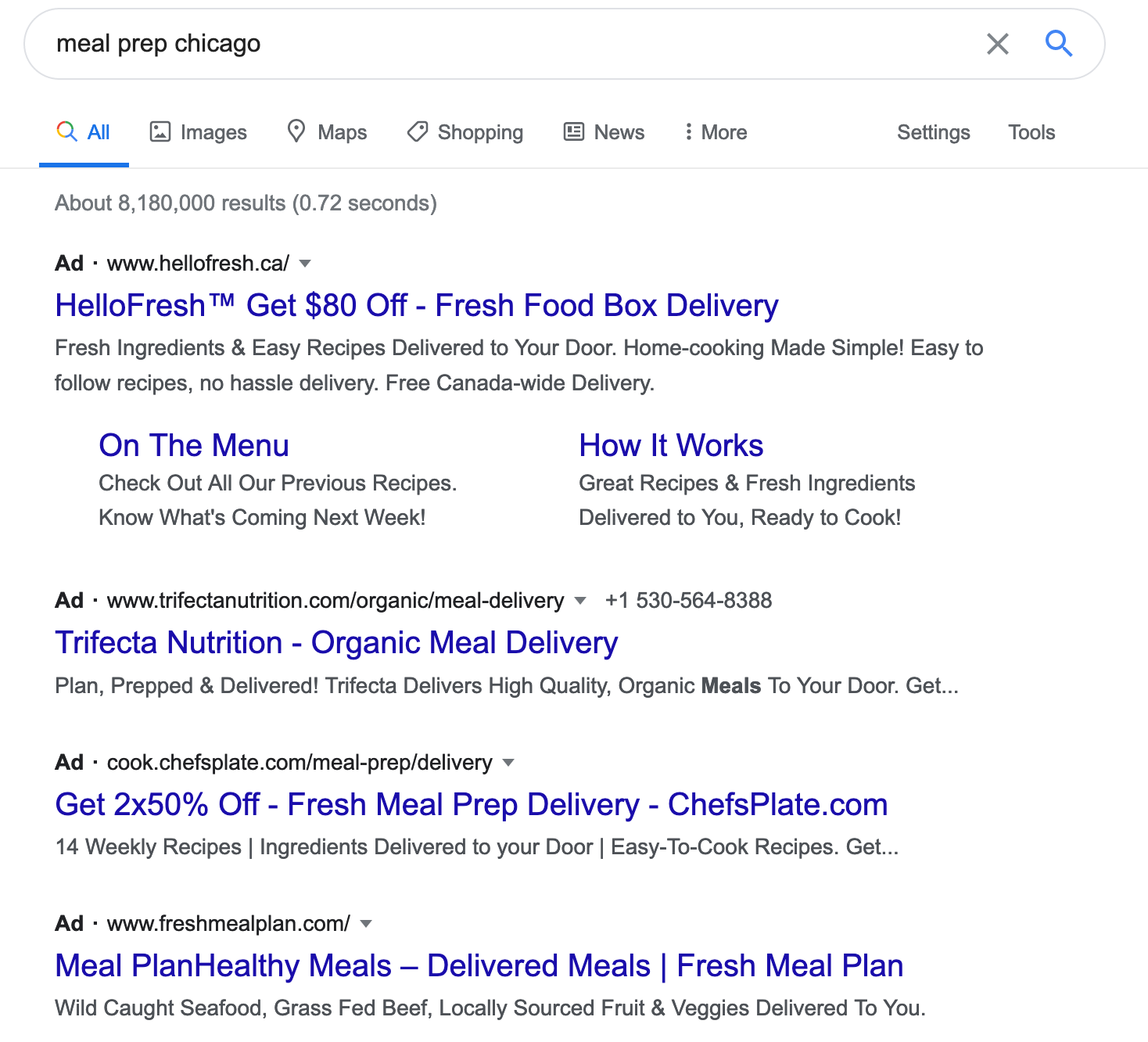 Google directing to businesses via sponsored links visible above the search results.