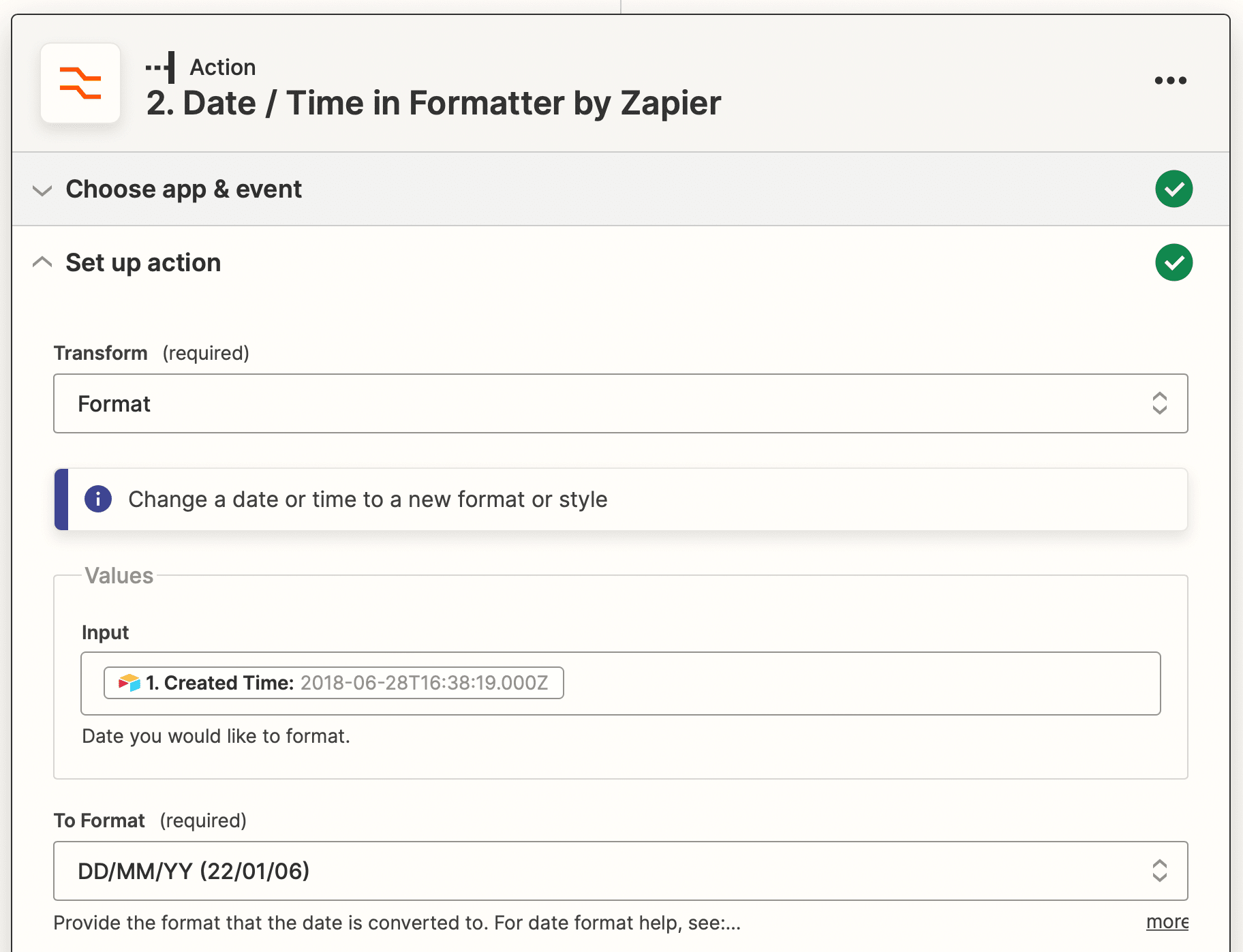 Screenshot of Zapier date / time in formatter action with format transform