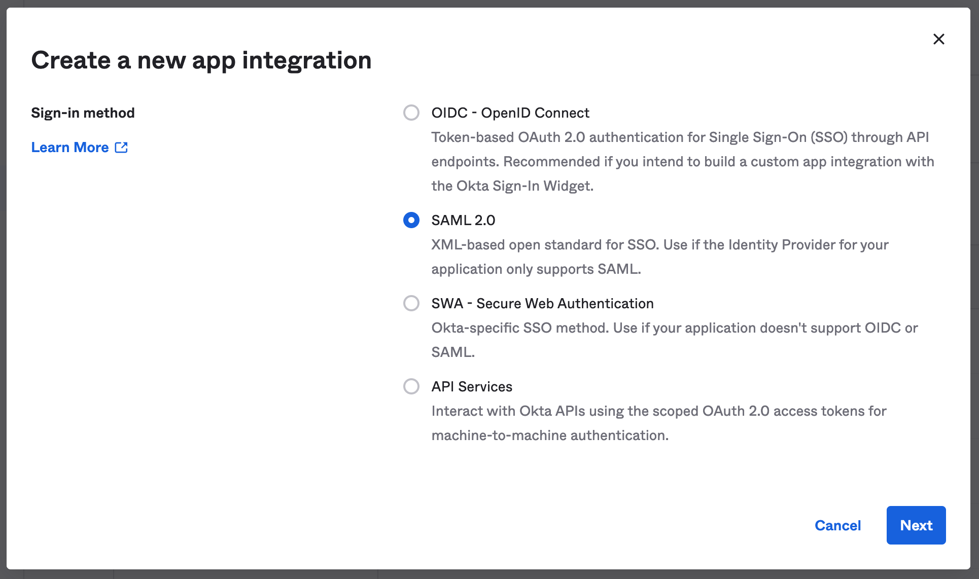 Create a new app integration modal in Okta