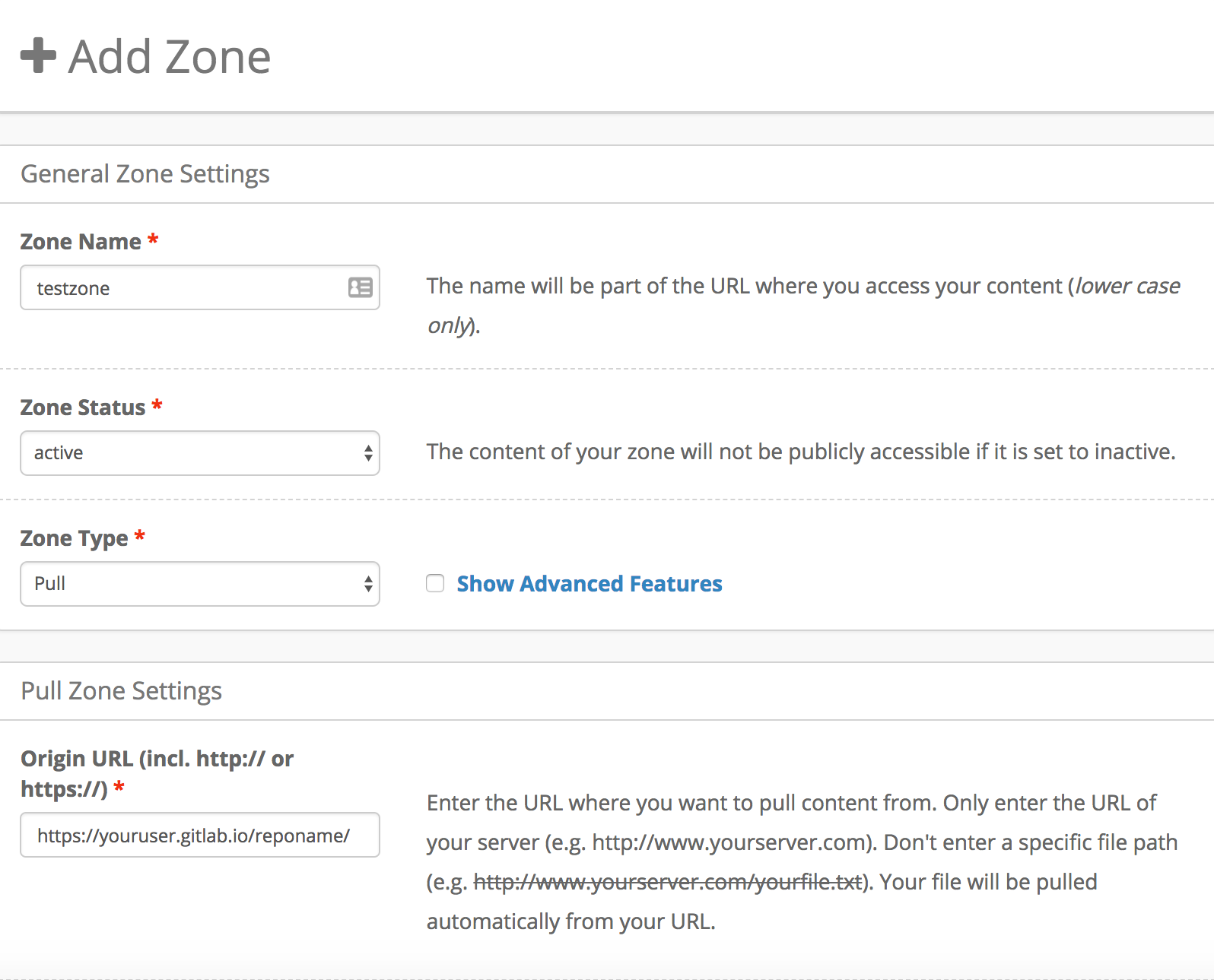 Screenshot of KeyCDN&rsquo;s pull zone creation page