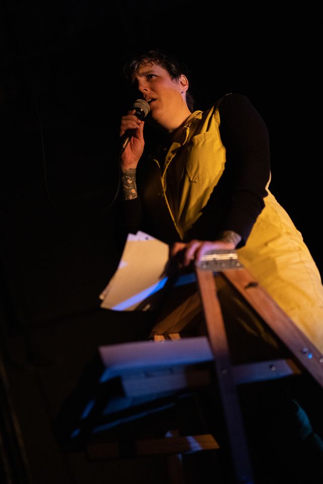 Miriam at the top of a ladder,
holding papers and talking into a microphone
