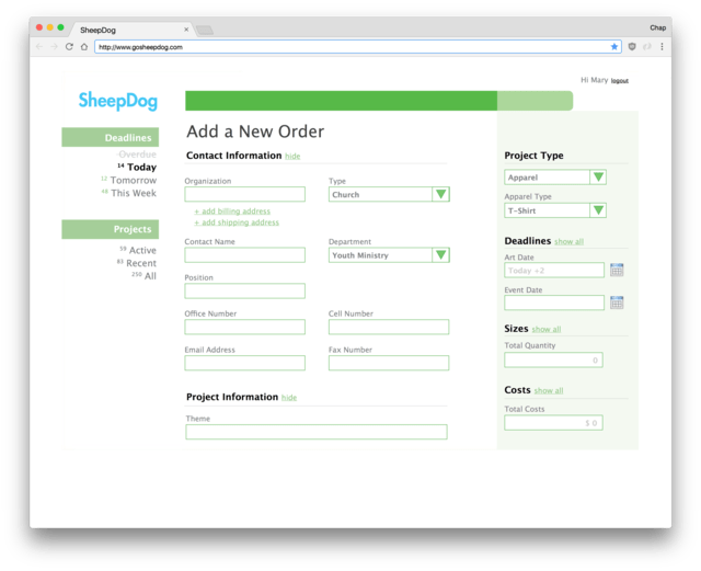 New order creation page in SheepDog
