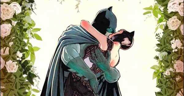 Detalhe da capa da revista Batman #50 da DC Comics com o Batman e a Mulher Gato casando
