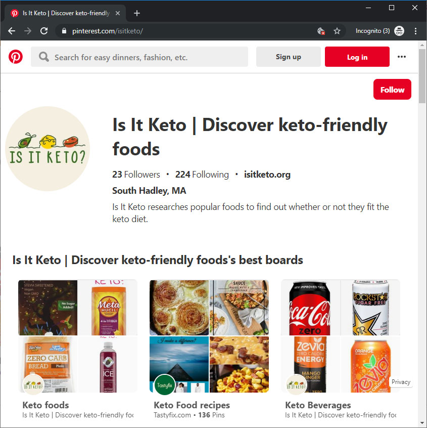 Screenshot of Is It Keto's Pinterest page