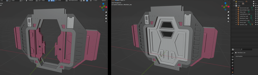 Image shows the high-poly mesh, on the left the inner barrier doors and on the right the door fully closed.