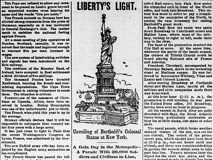 clipping of newspaper article about the dedication of the statue of liberty