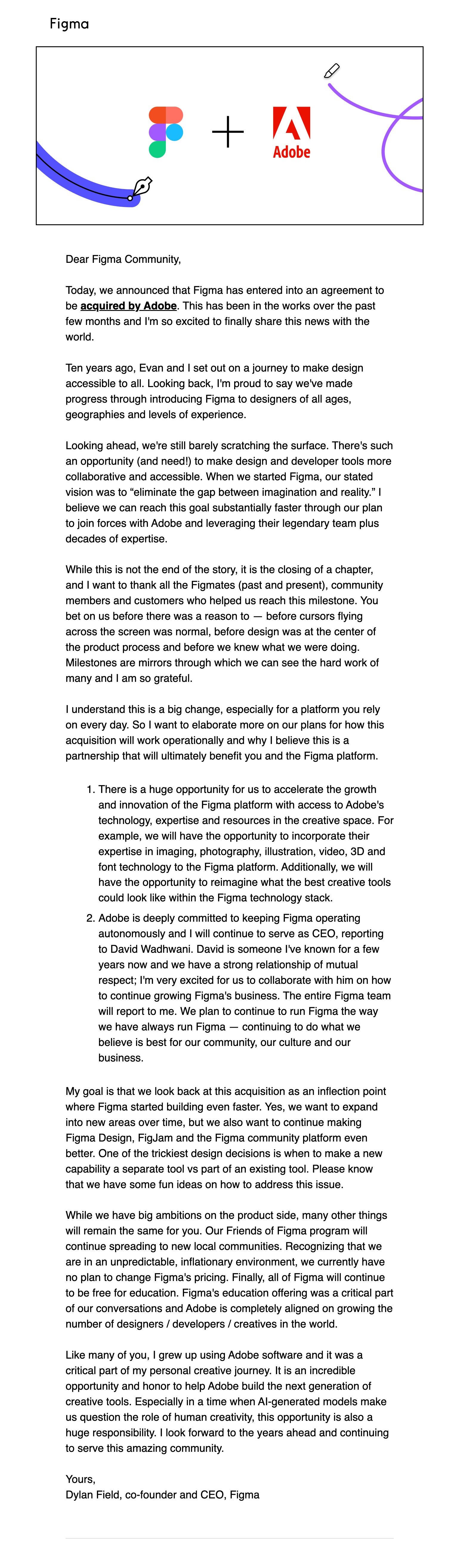 SaaS Company Acquisition Announcement Emails: Screenshot of Figma's announcement email when they got acquired by Adobe