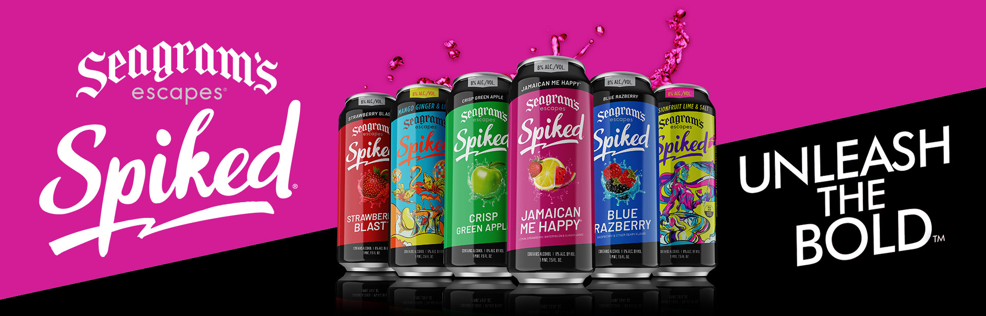 Image of six cans of Seagrams Escapes Spiked, in all six flavors, including New Spiked Passionfruit Lime & Salt and Spiked Mango Ginger & Lime! Text reads: Seagrams Escapes Spiked - Unleash the Bold!