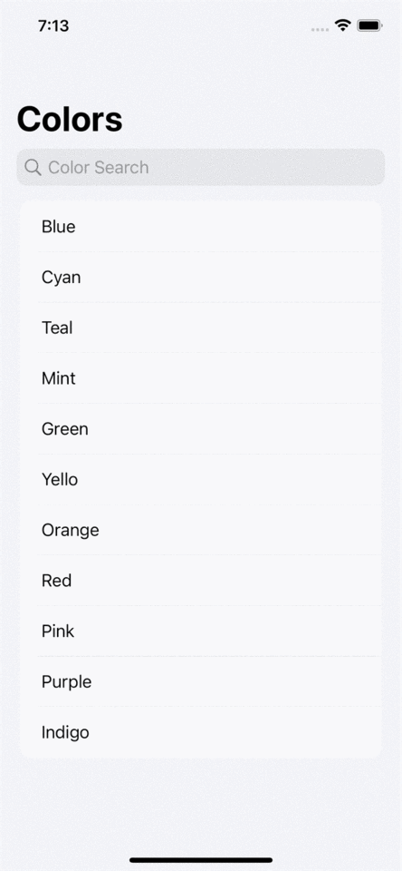 Search field to filter a list of colors.