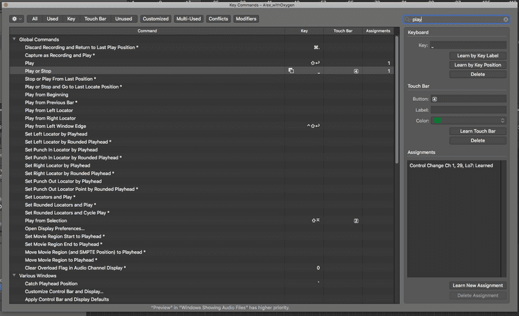 The search for key command window in Logic Pro X