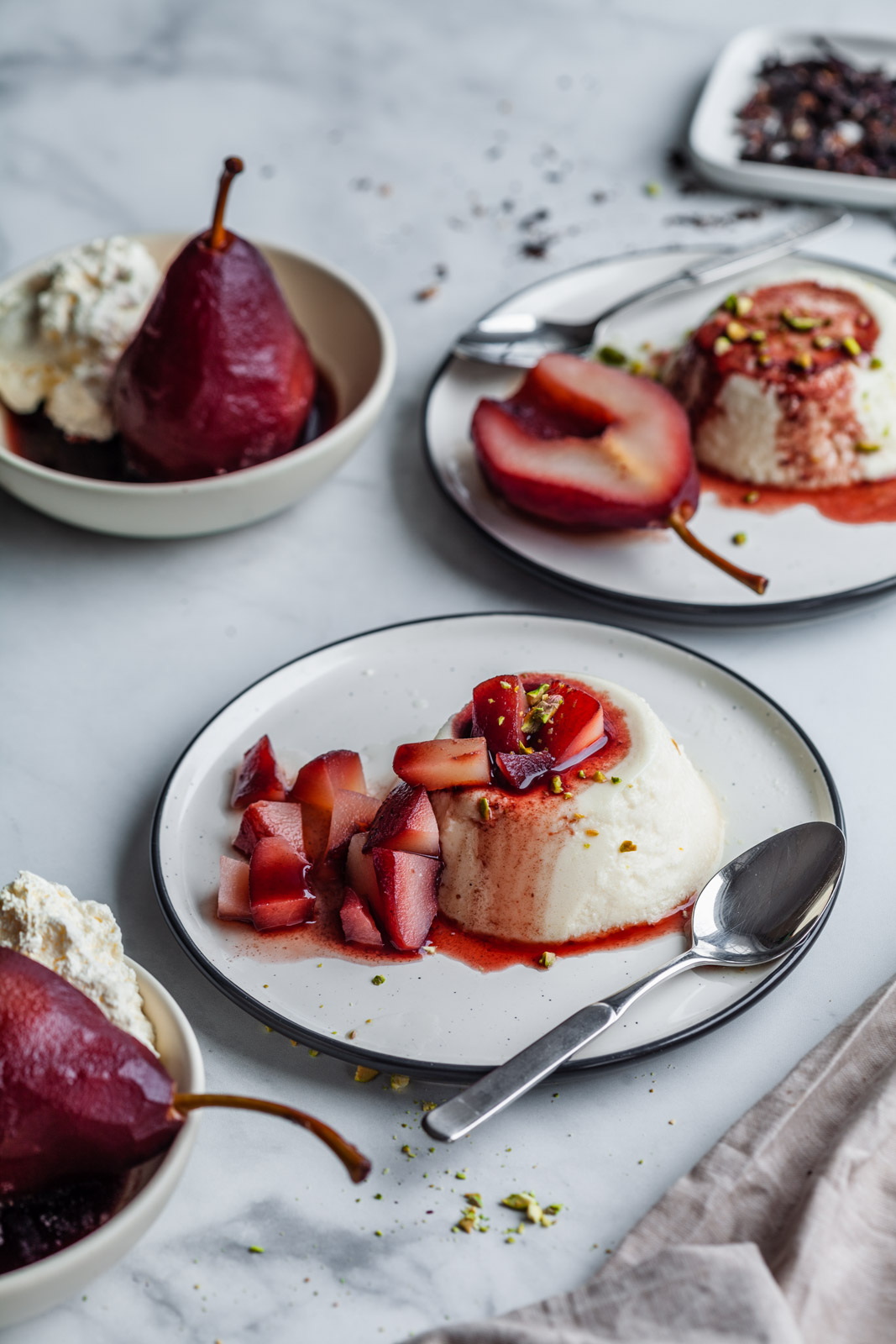 Baked Vanilla Yoghurt With Hibiscus Poached Pears