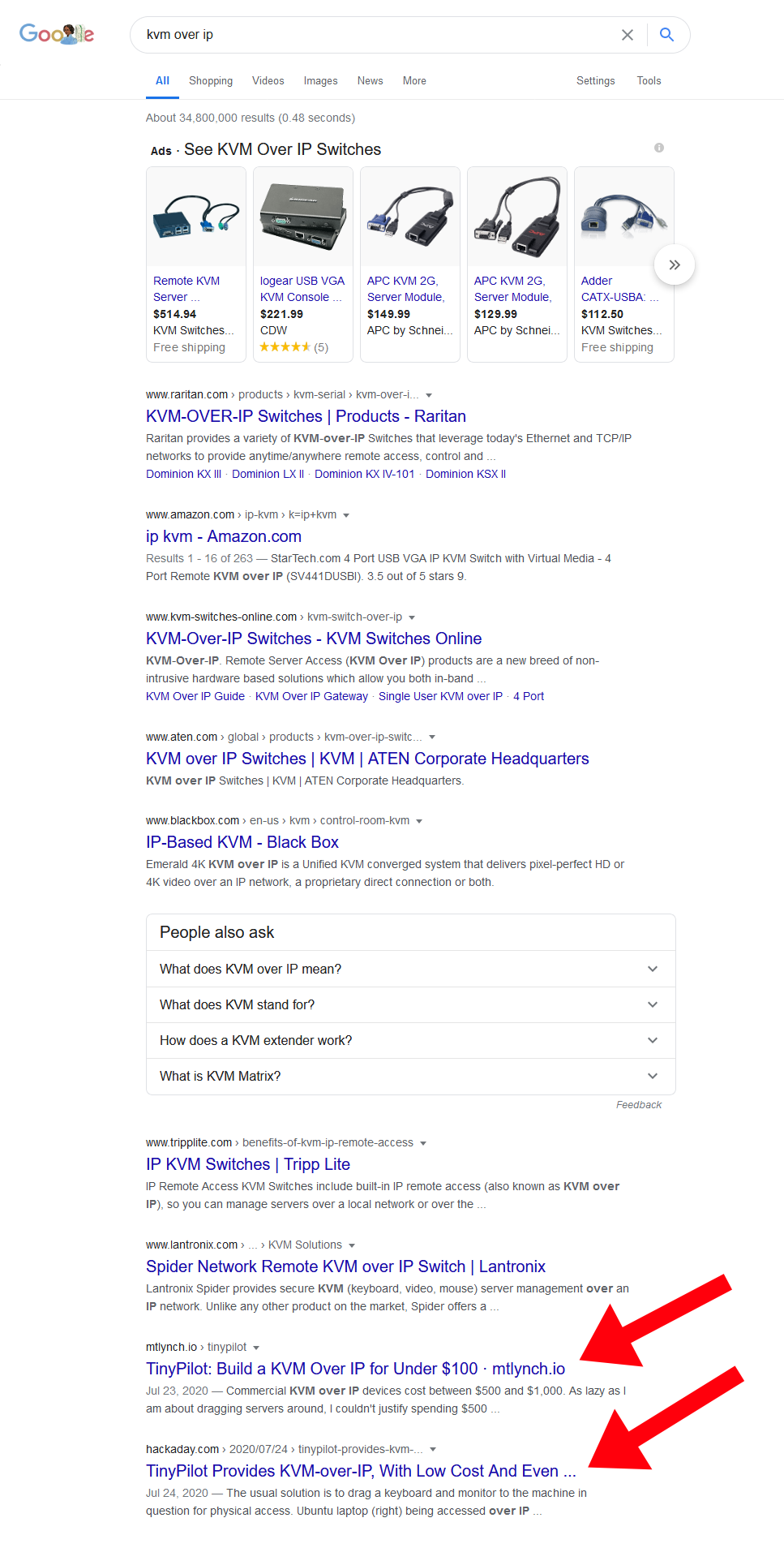 Screenshot of Google search results showing TinyPilot at the bottom of the first page of results