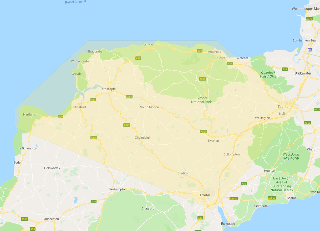 Map with cleaning services area coverage, including Barnstaple, Bideford, Torrington, South Molton, Bude, Tiverton and Exeter.